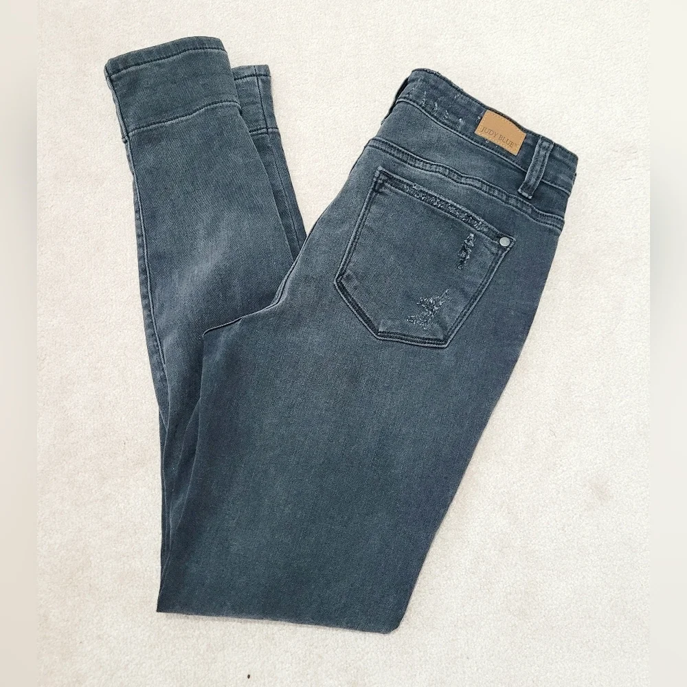 Judy Blue Skinny Fit Jeans Size 9/29 Black Distressed Red Plaid Patches Stretch - Picture 2 of 12